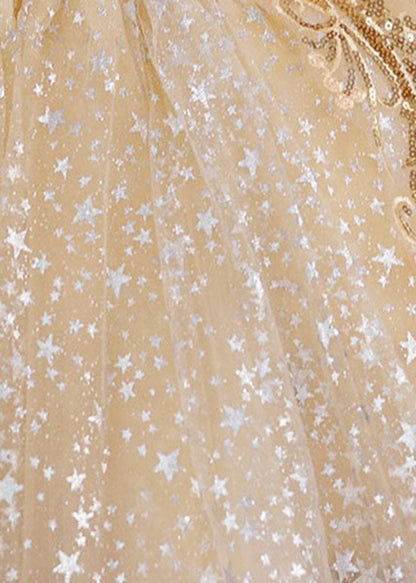 New Gold Sequins Wrinkled Bow Patchwork Tulle Kids Party Dress Summer