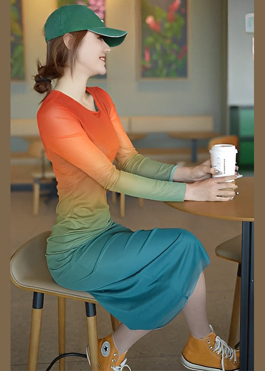 New Gradient Color O Neck Cotton Dress Long Sleeve