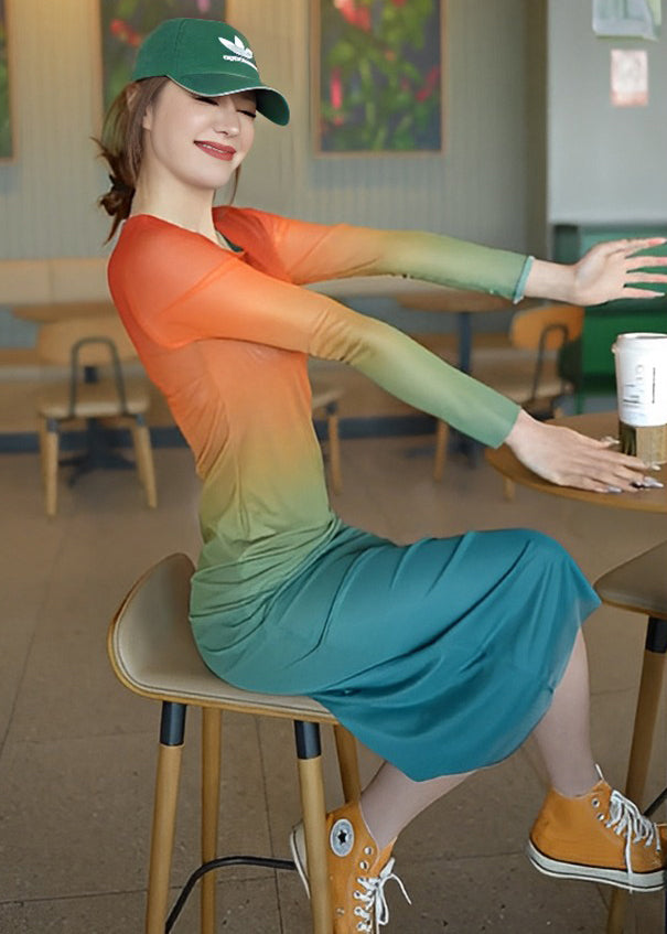 New Gradient Color O Neck Cotton Dress Long Sleeve