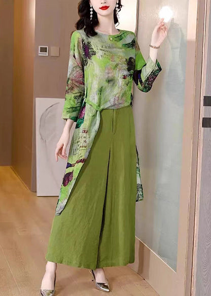 New Green Asymmetrical Print Tops and Wide Leg Pants Patchwork Linen Two Pieces Set Fall