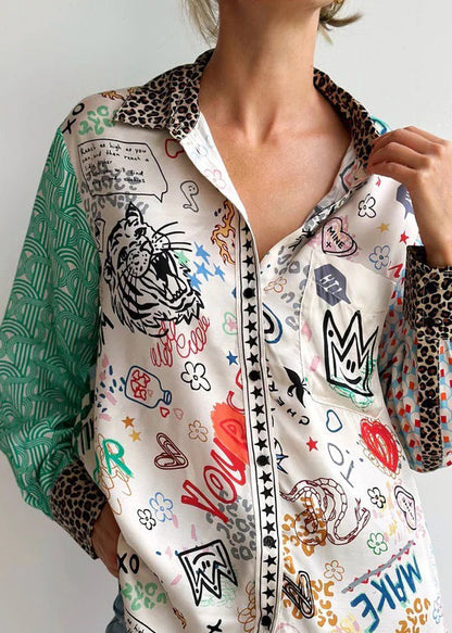 New Green Button Print Patchwork Cotton Blouses Spring