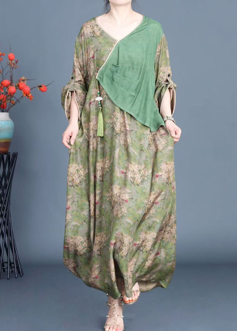 New Green Button Print Patchwork Silk Dresses Spring