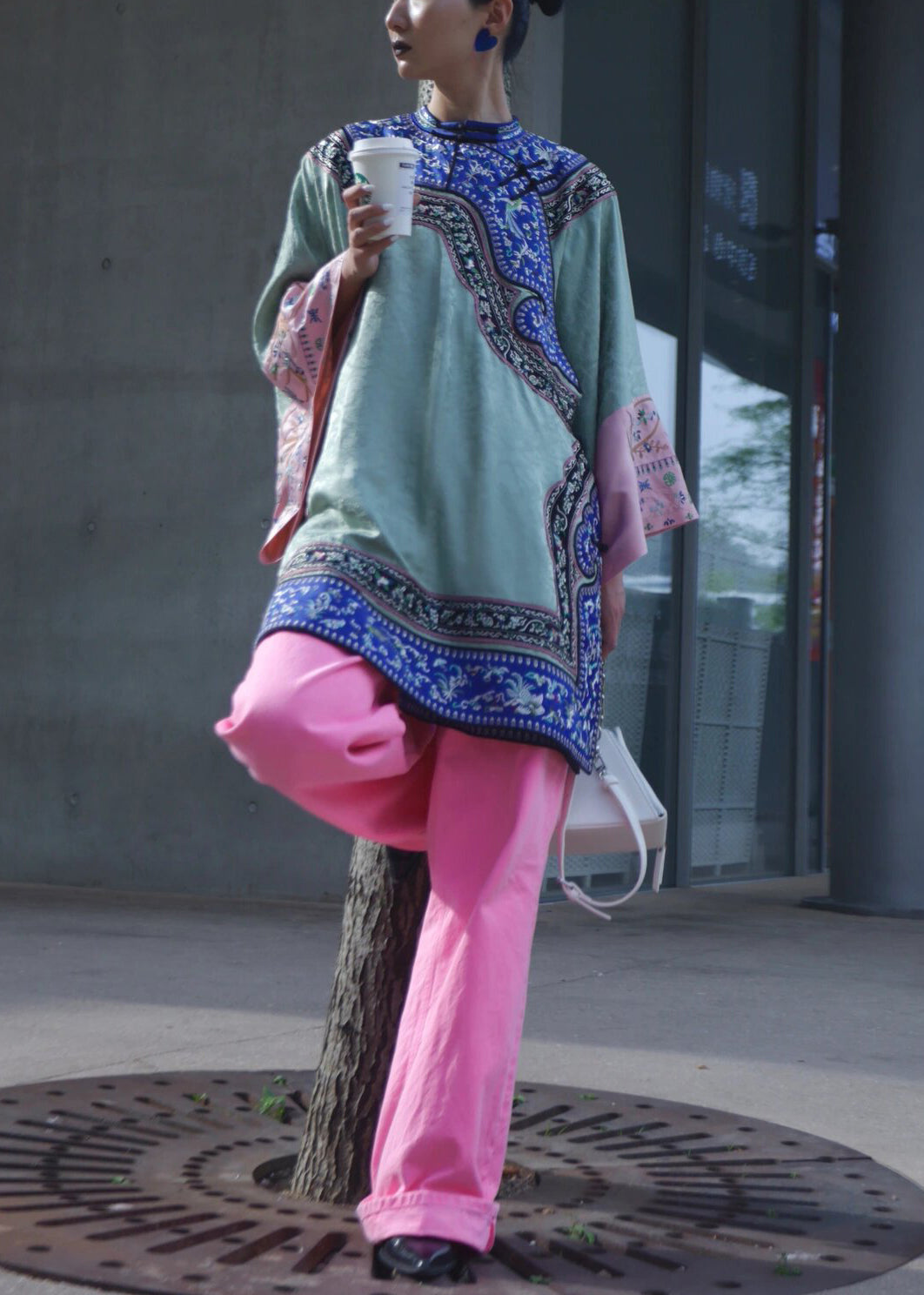 New Green Embroidered Tops and Pink Pants Cotton Two Pieces Set Spring