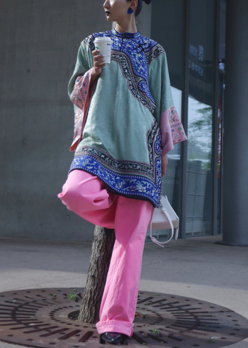 New Green Embroidered Tops and Pink Pants Cotton Two Pieces Set Spring