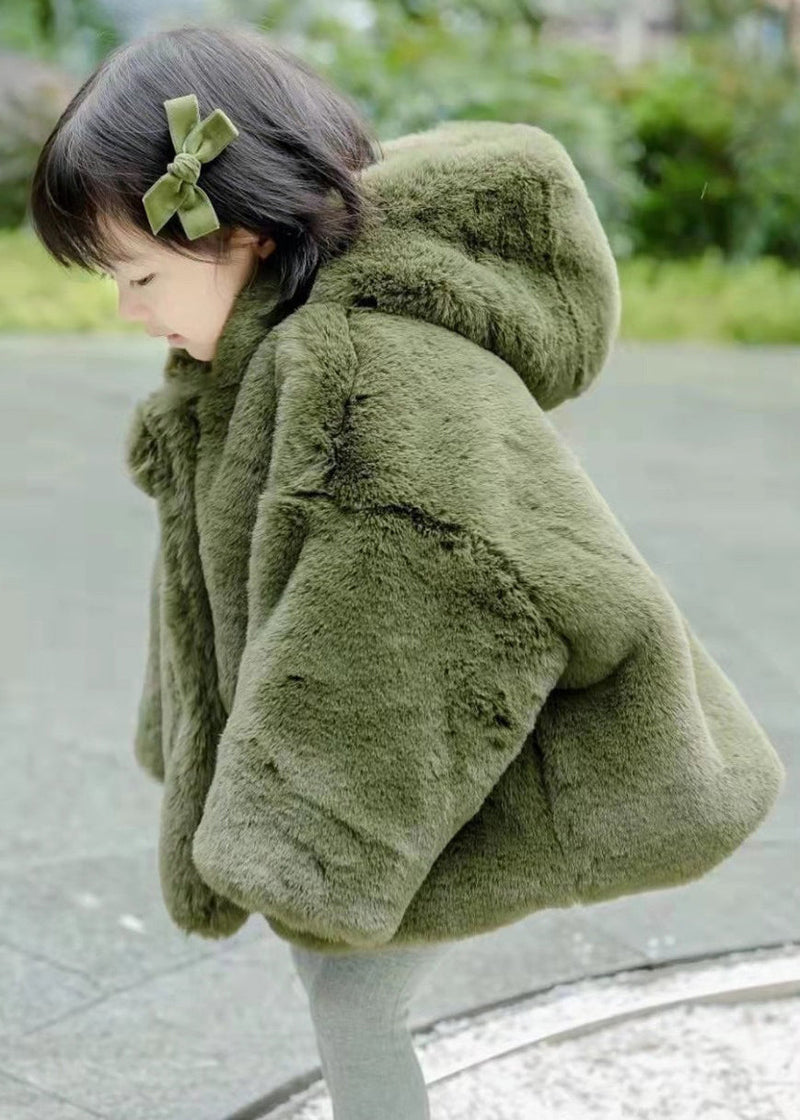 New Green Hooded Button Fuzzy Fur Coat Spring