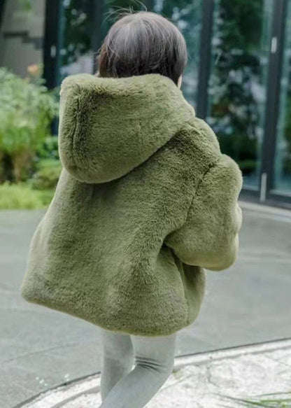 New Green Hooded Button Fuzzy Fur Coat Spring