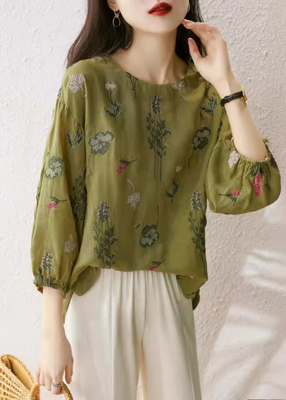 New Green O-neck Embroidered Cotton Shirts Bracelet Sleeve