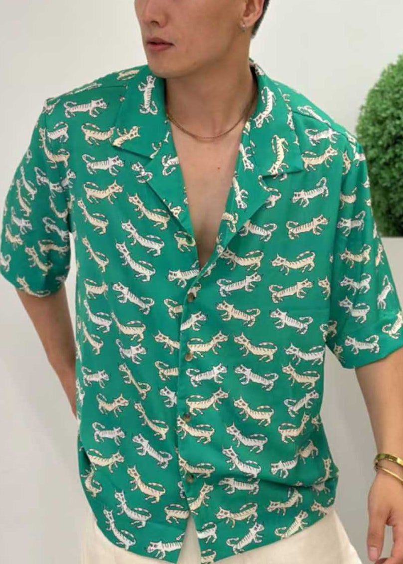 New Green Peter Pan Collar Print Cotton Shirt Summer