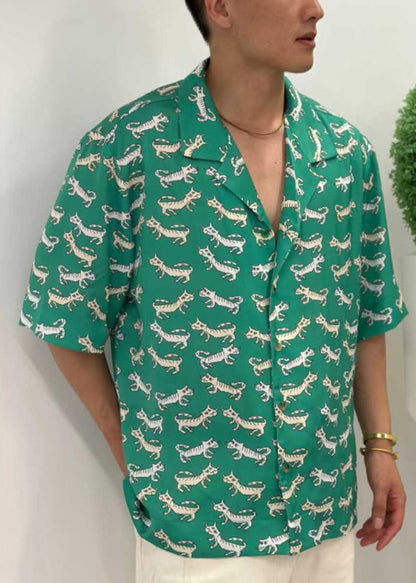 New Green Peter Pan Collar Print Cotton Shirt Summer