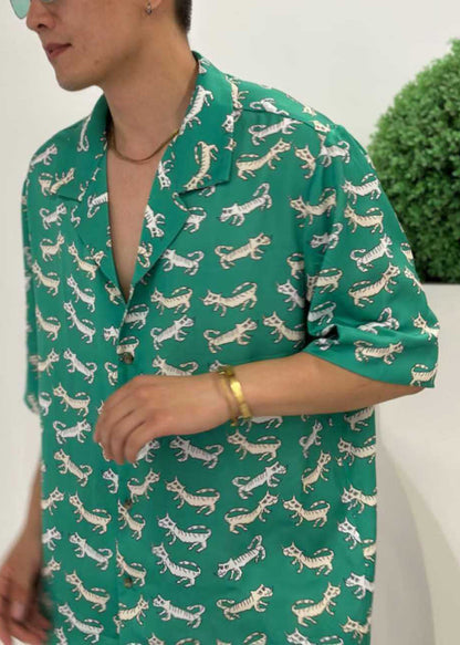 New Green Peter Pan Collar Print Cotton Shirt Summer