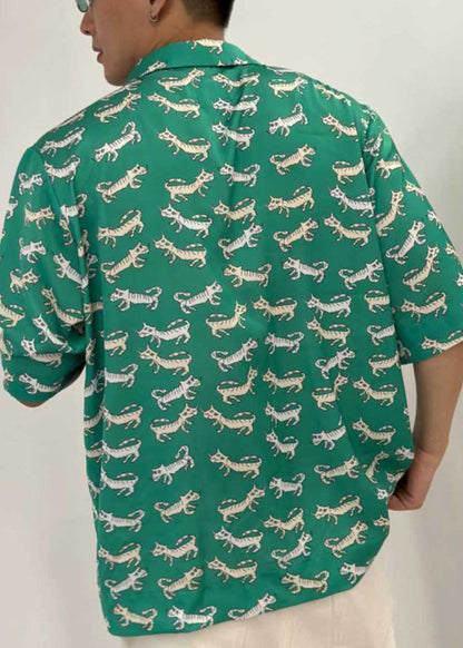 New Green Peter Pan Collar Print Cotton Shirt Summer