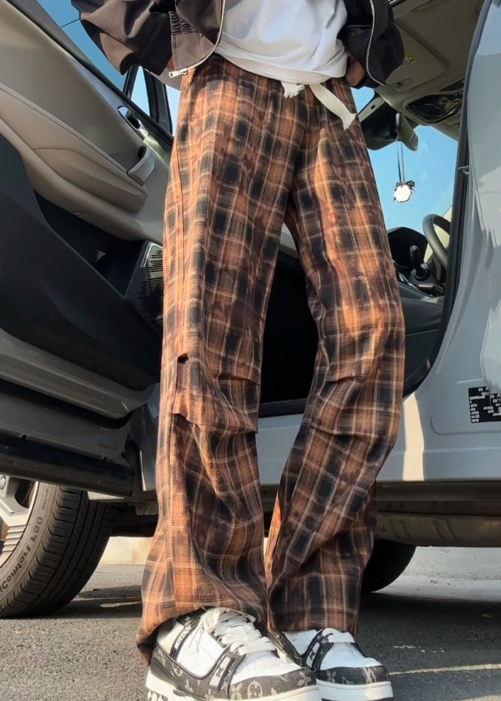 New Green Plaid Elastic Waist Cotton Pants Summer