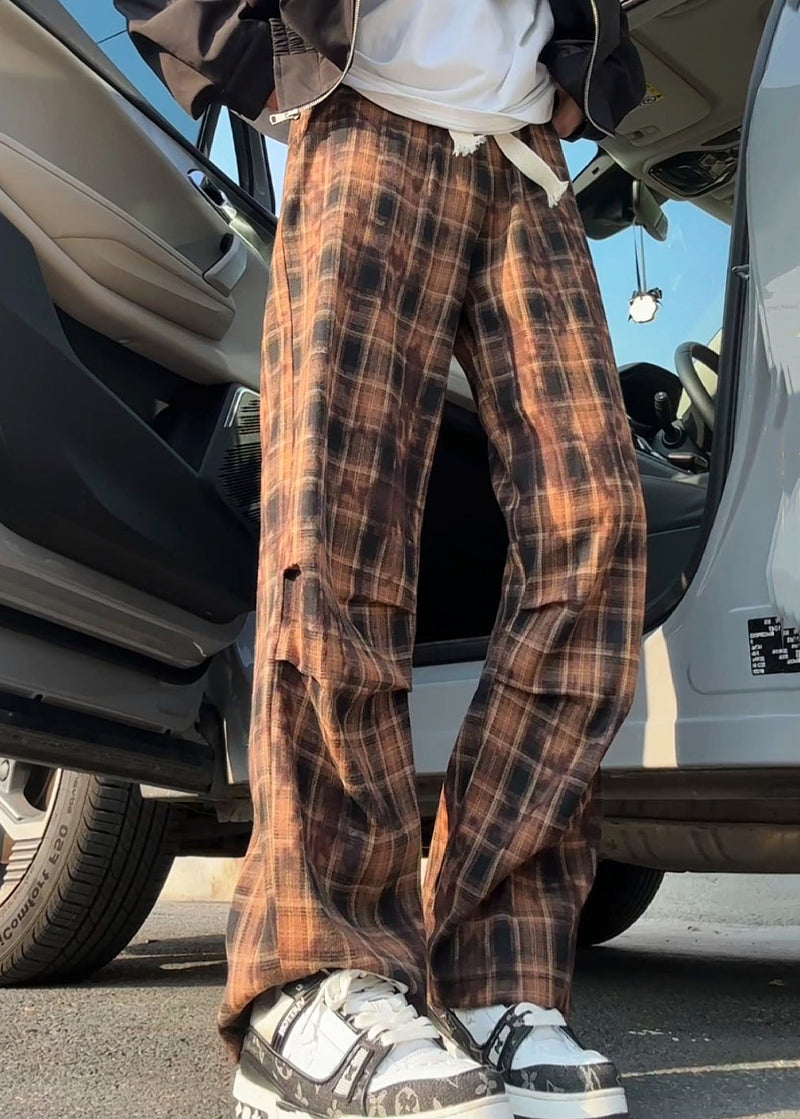 New Green Plaid Elastic Waist Cotton Pants Summer