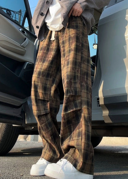 New Green Plaid Elastic Waist Cotton Pants Summer
