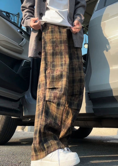New Green Plaid Elastic Waist Cotton Pants Summer