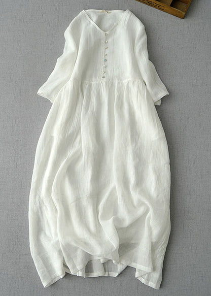 New Green V Neck Linen Long Dress Bracelet Sleeve