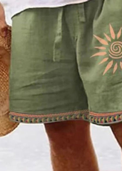New Green Zip Up Print Elastic Waist Cotton Shorts Summer