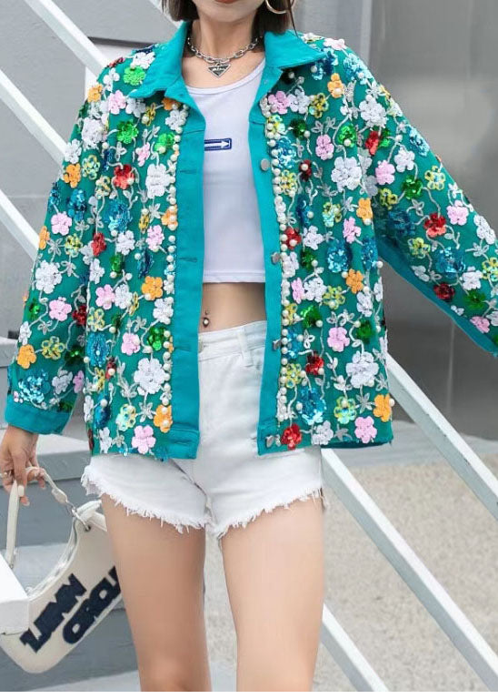 New Green Zircon Nail Bead Sequins Patchwork Denim Coat Spring