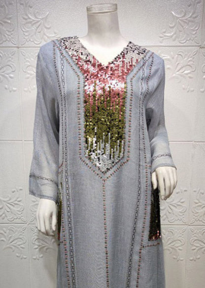 New Grey Style Sequined Embroidered V Neck Long Dress