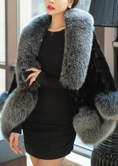 New Grey Fur Collar Pockets Patchwork Leather and Fur Coats Winter