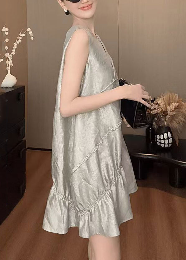 New Grey O Neck Cotton Mid Dress Sleeveless
