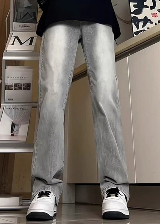 New Grey Pockets Denim Straight Pants Fall