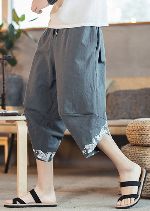 New Grey Pockets Elastic Waist Cotton Harem Pants Summer