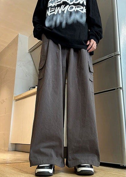 New Grey Pockets Elastic Waist Cotton Pants Summer