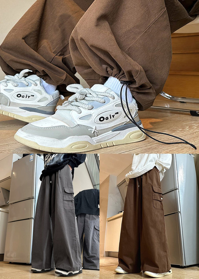 New Grey Pockets Elastic Waist Cotton Pants Summer