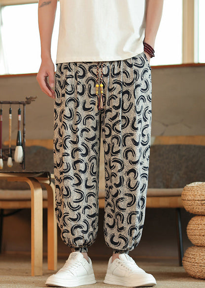 New Grey Pockets Print High Waist Cotton Pants Summer