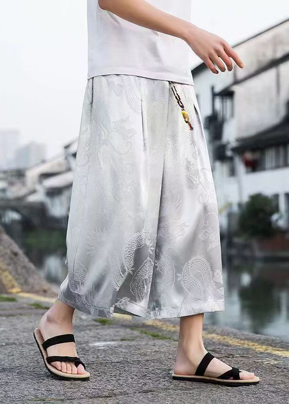 New Grey Pockets Print Ice Silk Crop Pants Clothing Summer