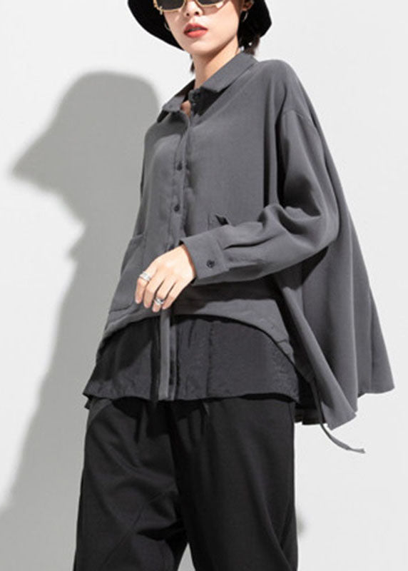 New Grey Pockets Drawstring Asymmetrical Design Fall Long Sleeve Top