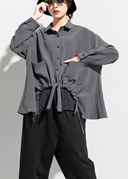 New Grey Pockets Drawstring Asymmetrical Design Fall Long Sleeve Top