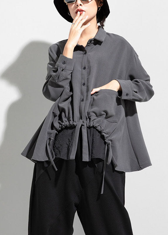 New Grey Pockets Drawstring Asymmetrical Design Fall Long Sleeve Top