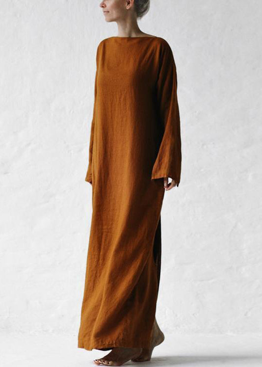 New Grey Tie Waist Cotton Long Dress Long Sleeve