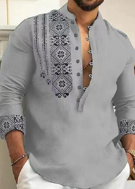 New Grey Stand Collar Print Cotton Shirts Fall