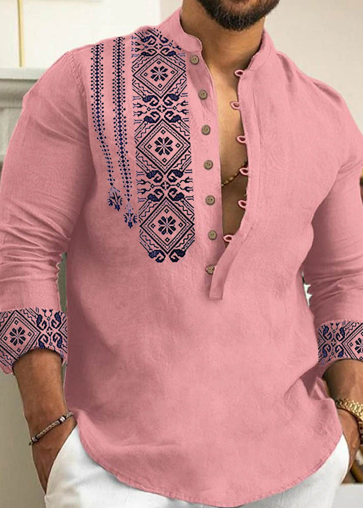 New Grey Stand Collar Print Cotton Men's Shirts Fall