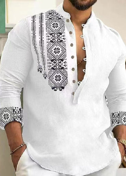 New Grey Stand Collar Print Cotton Men's Shirts Fall