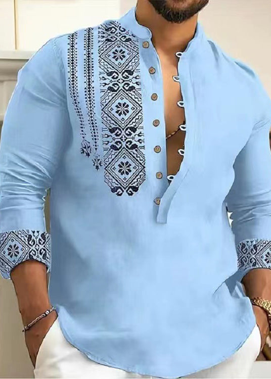 New Grey Stand Collar Print Cotton Shirts Fall