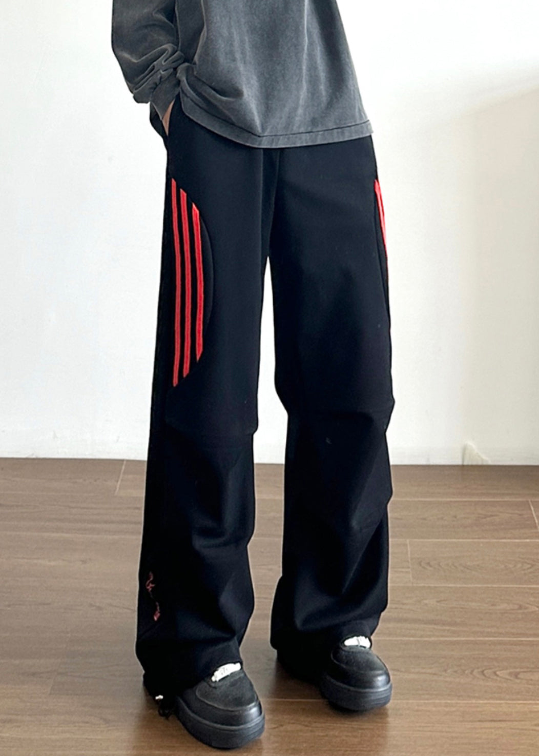 New Grey Striped Pockets Cotton Pants Long Spring