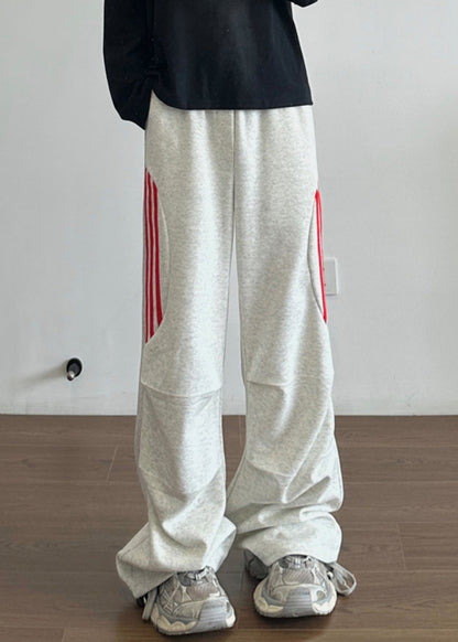 New Grey Striped Pockets Cotton Pants Long Spring