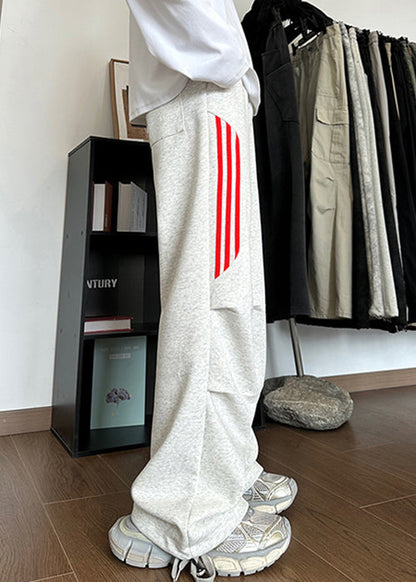 New Grey Striped Pockets Cotton Pants Long Spring