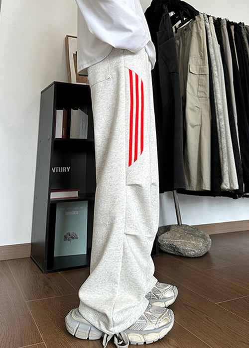 New Grey Striped Pockets Cotton Pants Long Spring