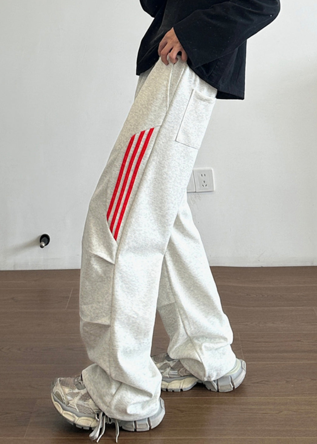 New Grey Striped Pockets Cotton Pants Long Spring