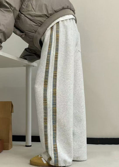 New Grey Striped Pockets Warm Fleece Wide Leg Pants Spring