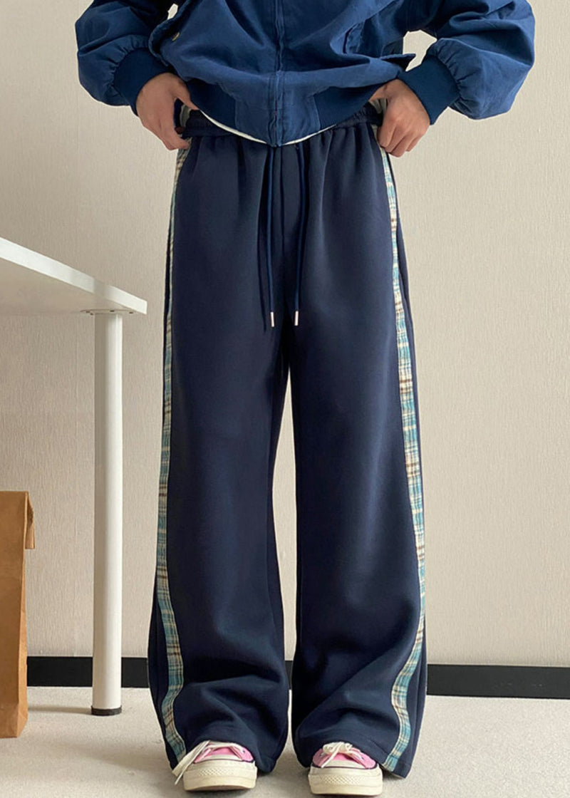 New Grey Striped Pockets Warm Fleece Wide Leg Pants Spring