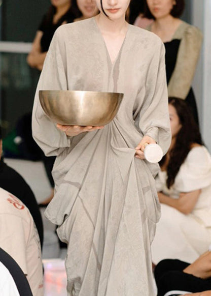 New Grey V Neck Cotton Maxi Dresses Long Sleeve