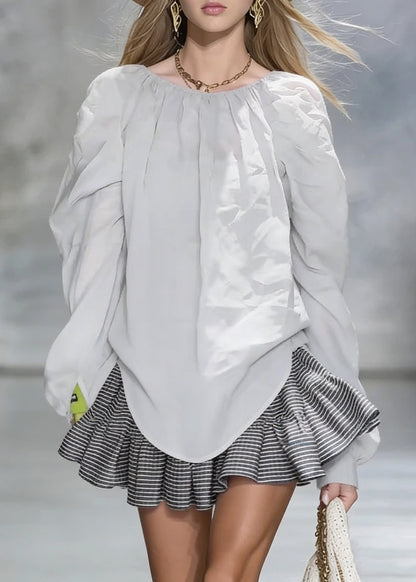 New Grey Wrinkled Solid Cotton Shirt Tops Spring