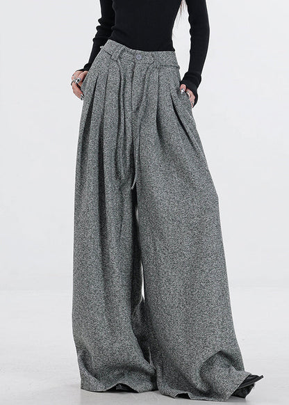 New Grey Zippered Button High Waist Woolen Wide Leg Pants