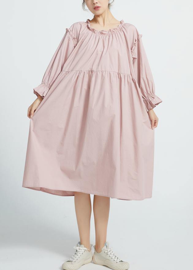 New High Waist Cotton Ruffles Collar Dresses Wardrobes Pink Long Dresses